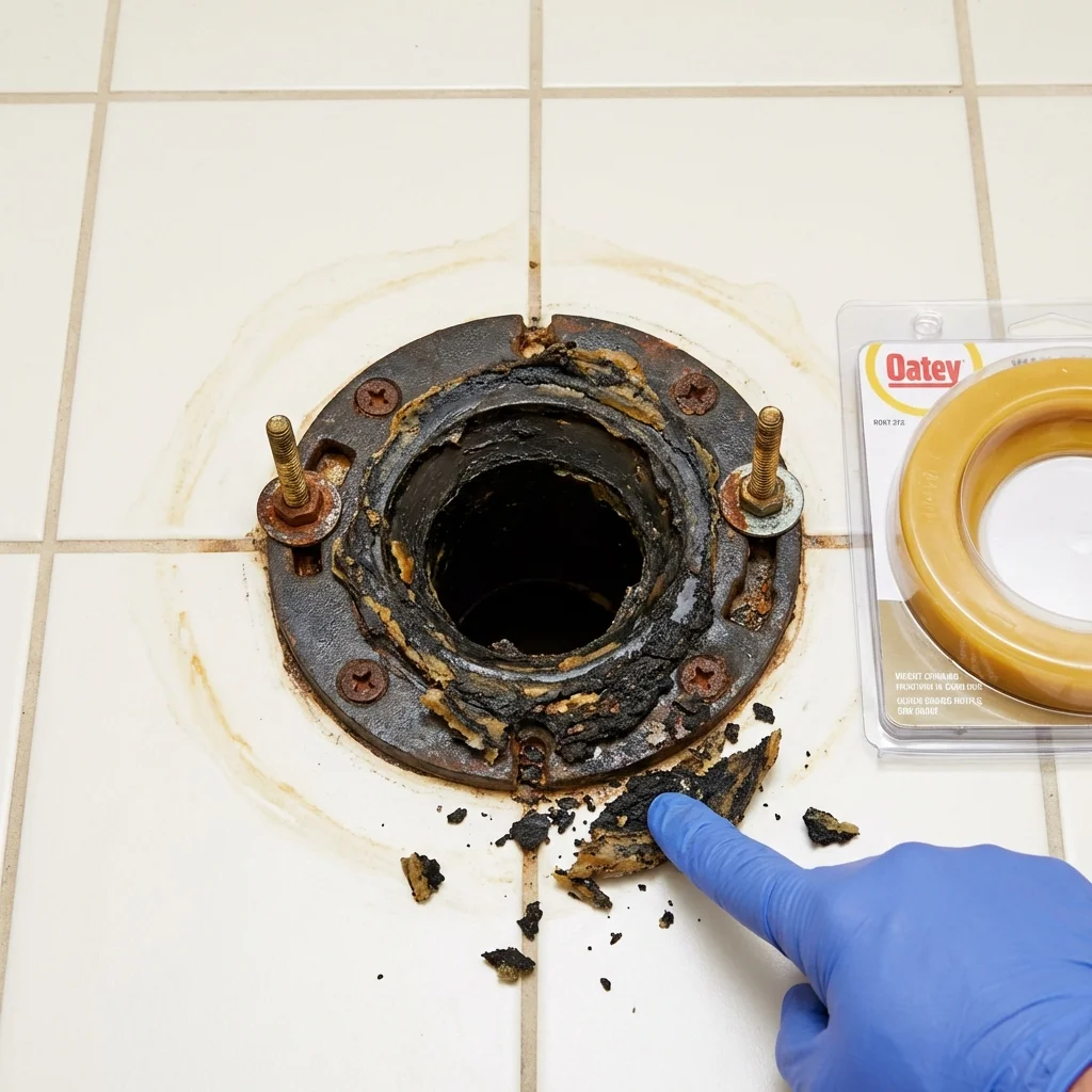 Failed wax ring showing water seepage at the base of a toilet in a Cottonwood, AZ home