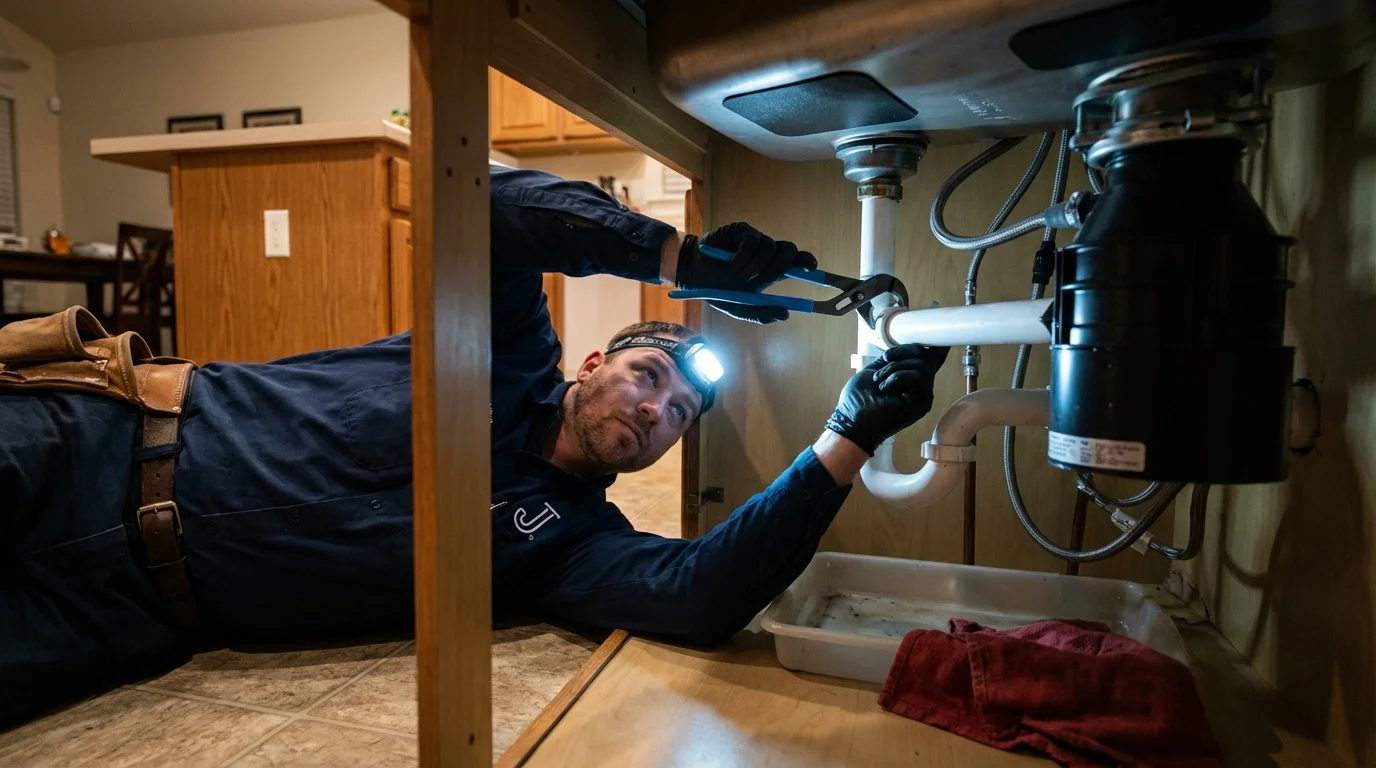 P-trap and supply line connections under a kitchen sink showing a common leak point in Cottonwood, AZ